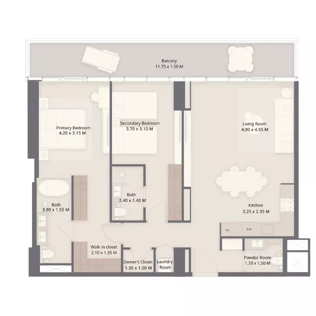 2 bedroom floor plan layout at Sheraton Residences Al Marjan Island Ras Al Khaimah