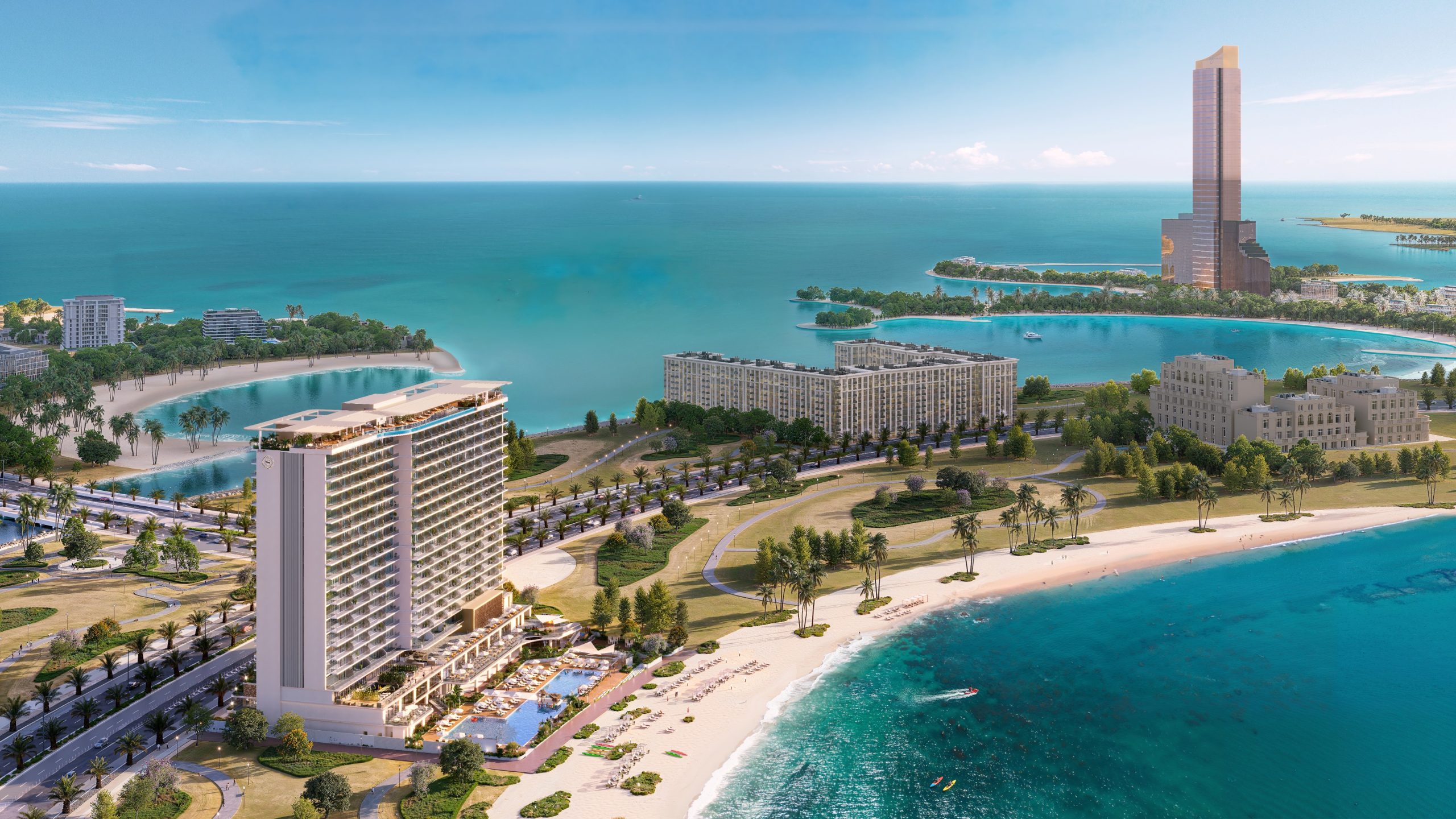 Aerial view of Sheraton Residences Al Marjan Island Ras Al Khaimah waterfront development