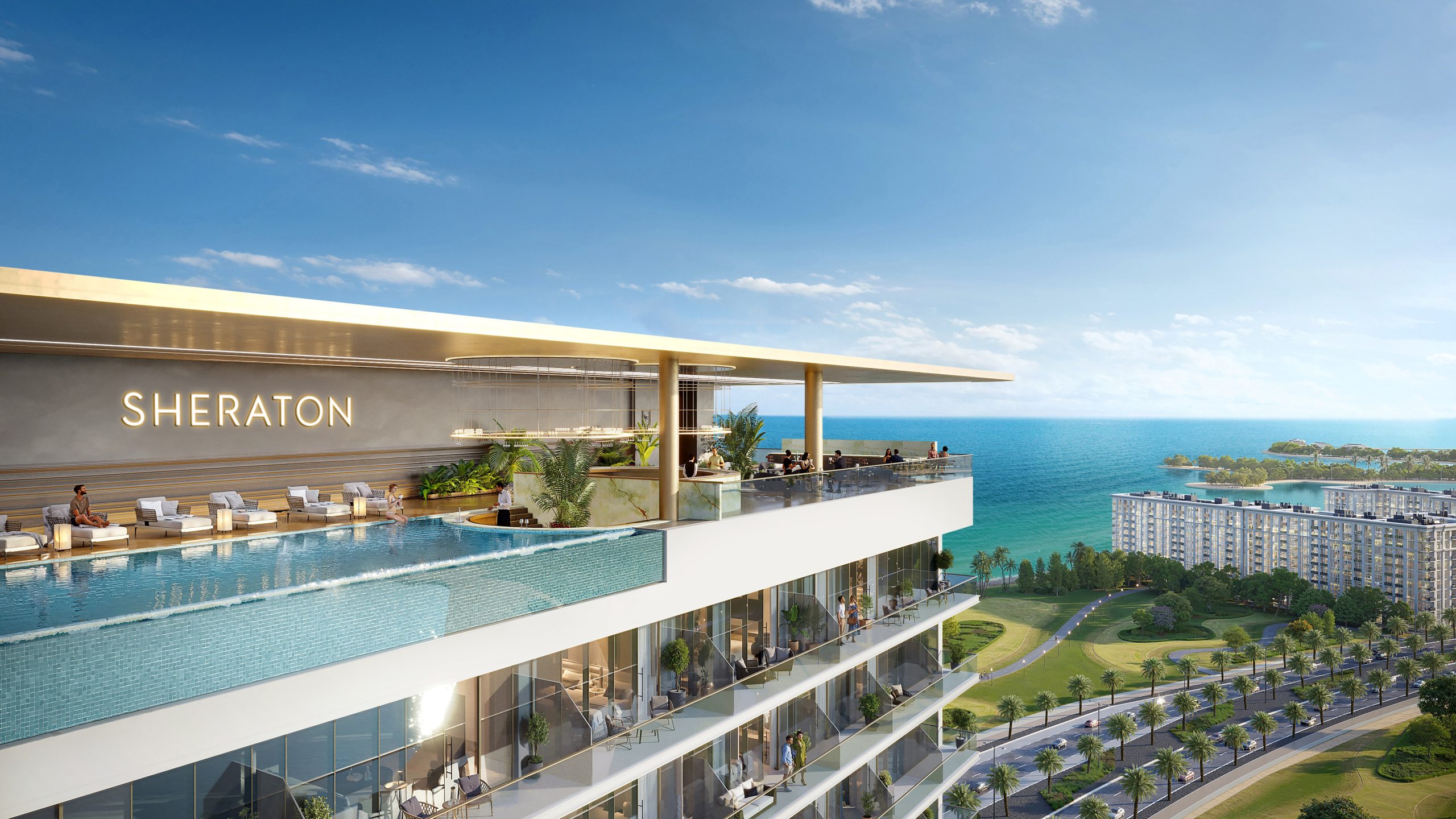 Rooftop infinity pool with sea views at Sheraton Residences Al Marjan Island Ras Al Khaimah